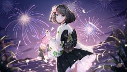 Rule 34 | 1girl, black hair, bug, butterfly, earrings, fireworks, flower, gate, green eyes, hair flower, hair ornament, highres, insect, iori (smc), japanese clothes, jewelry, kimono, looking back, night, official art, pool, sash, smile, super mecha champions, water balloon, water yoyo, yukata