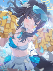 Rule 34 | 1girl, absurdres, animal ears, black hair, blue archive, blue eyes, blush, breasts, cheering, cheerleader, cleavage, cowboy shot, detached collar, dog ears, dog tail, eyewear on head, facial mark, halo, halterneck, hibiki (blue archive), hibiki (cheer squad) (blue archive), highres, holding, holding pom poms, long hair, looking at viewer, medium breasts, millennium cheerleader outfit (blue archive), momomoi momoi, navel, official alternate costume, open mouth, pom pom (cheerleading), pom poms, safety pin, solo, star (symbol), tail, yellow halo