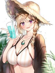 Rule 34 | 1girl, animal ears, arknights, bad id, bad pixiv id, bare shoulders, bikini, black jacket, blue nails, braid, breasts, brown hair, brown hat, cleavage, cup, drinking glass, drinking straw, fang, hair ornament, hair over shoulder, hairclip, hand up, hat, highres, holding, holding cup, jacket, jewelry, large breasts, long hair, looking at viewer, multi-strapped bikini, nail polish, necklace, off shoulder, official alternate costume, open clothes, open jacket, open mouth, puckjjick (belbesi19), purple eyes, single braid, slit pupils, smile, solo, straw hat, string bikini, striped bikini, striped clothes, swimsuit, swimsuit cover-up, upper body, utage (arknights), utage (summer flowers) (arknights), white bikini, x hair ornament