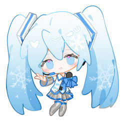 Rule 34 | 1girl, blue eyes, blue hair, blue necktie, blush, chibi, chinese commentary, detached sleeves, full body, gradient hair, grin, hatsune miku, headset, holding, holding microphone, indai (3330425), light blue hair, microphone, multicolored hair, necktie, no pupils, reaching, reaching towards viewer, simple background, smile, snowflakes, solo, standing, twintails, vocaloid, white background, yuki miku, yuki miku (2010)