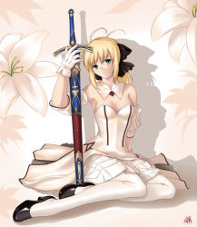 Rule 34 | 1girl, ahoge, akatsuki (mp31097), arm support, artoria pendragon (all), artoria pendragon (fate), black bow, blonde hair, bow, breasts, caliburn (fate), cleavage, detached collar, detached sleeves, dress, fate/stay night, fate/unlimited codes, fate (series), flower, green eyes, hair bow, high heels, lily (flower), saber (fate), saber lily, scabbard, shadow, sheath, shoes, solo, sword, weapon
