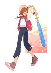 Rule 34 | 1girl, boybun, green eyes, highres, jacket, keyblade, kingdom hearts, letterman jacket, looking at viewer, olette, pants, red hair, shirt, shoes, short hair, simple background, smile, solo, white shirt
