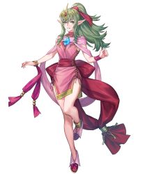 Rule 34 | 1girl, bracelet, breasts, dress, female focus, fire emblem, fire emblem: mystery of the emblem, fire emblem heroes, full body, gold trim, green eyes, green hair, highres, jewelry, matching hair/eyes, medium breasts, nintendo, non-web source, official alternate costume, official art, p-nekor, pink dress, pointy ears, ponytail, short dress, solo, thighs, tiara, tiki (adult) (fire emblem), tiki (fire emblem), transparent background