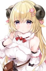 Rule 34 | 1girl, ahoge, animal ears, bag, blonde hair, bow, bowtie, breasts, brooch, chocola vt, detached sleeves, dress, fur-trimmed dress, fur-trimmed sleeves, fur collar, fur trim, hair ornament, hairclip, handbag, hololive, horns, jewelry, large breasts, long hair, looking at viewer, purple eyes, red bow, red bowtie, ribbed sleeves, sheep ears, sheep girl, sheep horns, sleeveless, sleeveless dress, solo, tsunomaki watame, tsunomaki watame (1st costume), virtual youtuber, white background, white dress