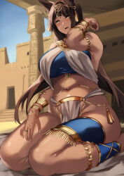 Rule 34 | 1girl, ancient egyptian architecture, animal ears, armpits, bastet (mythology), body chain, breasts, brown hair, cat ears, dark-skinned female, dark skin, egyptian clothes, egyptian mythology, highres, inue ao, jewelry, lap pillow invitation, large breasts, long hair, looking at viewer, navel, open mouth, plump, ring, seiza, sitting, solo, tan, tassel, thighs, yellow eyes