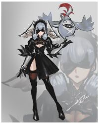 1boy 1girl 2b_(nier:automata) 2b_(nier:automata)_(cosplay) blindfold breasts cleavage cosplay emil_(nier) emil_(nier)_(cosplay) grey_hair head_wings melia_antiqua nier nier:automata nier_(series) nopon riki_(xenoblade) shutwig wings xenoblade_chronicles_(series) xenoblade_chronicles_1