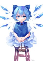 Rule 34 | 1girl, :/, blue dress, blue eyes, blue hair, bow, cirno, dress, full body, hair bow, highres, ice, ice wings, knees to chest, looking at viewer, puffy short sleeves, puffy sleeves, shianebulae, shoes, short hair, short sleeves, solo, touhou, wings