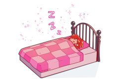 Rule 34 | 1girl, bed, bed frame, blanket, closed eyes, highres, lying, neekosiah, on back, persona, persona 3, persona 3 portable, pillow, ponytail, red hair, shiomi kotone, simple background, sleeping, solo, sparkle, star (symbol), twitter username, u u, under covers, white background, zzz