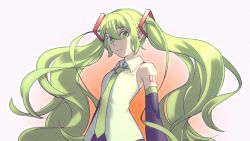 Rule 34 | 1girl, alternate color, alternate eye color, alternate hair color, armpit crease, arms at sides, bad id, bad twitter id, bare shoulders, collared shirt, curly hair, detached sleeves, expressionless, facing viewer, gradient background, green eyes, green hair, green necktie, hair between eyes, hatsune miku, long hair, looking afar, looking to the side, necktie, number tattoo, orange background, parted lips, shaded face, shirt, shoulder tattoo, sidelighting, sidelocks, simple background, sleeveless, sleeveless shirt, solo, tattoo, torla16, twintails, upper body, very long hair, vocaloid, white background, white shirt