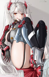 Rule 34 | 1girl, :q, anti kumo, artist name, azur lane, black garter straps, black gloves, breasts, full body, garter straps, gloves, headgear, highres, large breasts, long hair, long sleeves, looking at viewer, mole, mole on breast, multicolored hair, orange eyes, prinz eugen (azur lane), red hair, sideboob, solo, streaked hair, thighhighs, tongue, tongue out, two-tone hair, very long hair, white hair