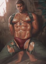 Rule 34 | 1boy, abs, alternate skin color, backpack, bag, bara, beard, breath, briefs, brown hair, bulge, buzz cut, capcom, chest hair, chris redfield, dark-skinned male, dark skin, dog tags, erection, erection under clothes, facial hair, full body, highres, jewelry, large pectorals, leg hair, looking at viewer, male focus, male underwear, mature male, muscular, muscular male, mustache, navel, navel hair, necklace, nickakito, nipples, paid reward available, pants, pectorals, resident evil, resident evil 5, short hair, sideburns, solo, squatting, stomach, stubble, sweat, thick thighs, thighs, topless male, torn clothes, torn pants, underwear, very short hair