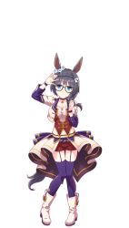 Rule 34 | 1girl, animal ears, arm up, black hair, blue eyes, breasts, cleavage, collarbone, full body, highres, horse ears, horse tail, large breasts, looking at viewer, medium hair, navel, official alternate costume, official art, shorts, solo, starting future (umamusume), tachi-e, tail, transparent background, umamusume, zenno rob roy (umamusume)