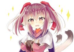 Rule 34 | 1girl, afterimage, animal ear fluff, animal ears, blush, brown hair, cape, commentary request, crossed arms, drooling, hair between eyes, hair ribbon, head tilt, highres, hizaka, layered sleeves, long hair, long sleeves, looking at viewer, nekone (utawarerumono), open mouth, purple cape, red eyes, red ribbon, ribbon, saliva, shirt, short over long sleeves, short sleeves, sidelocks, simple background, solo, sparkle, sweat, tail, tail wagging, twintails, utawarerumono, utawarerumono: itsuwari no kamen, white background, white shirt