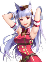 Rule 34 | 1girl, :d, absurdres, animal ears, armband, armpits, arms up, bare shoulders, belt, blunt bangs, bow, bowtie, breasts, brown belt, brown headwear, commentary request, dress, earmuffs, gloves, gold ship (umamusume), grey hair, highres, horse ears, long hair, looking at viewer, medium breasts, open mouth, pink bow, pink bowtie, red dress, red eyes, simple background, sleeveless, sleeveless dress, smile, solo, taka (takahirokun), umamusume, upper body, very long hair, white background, white gloves