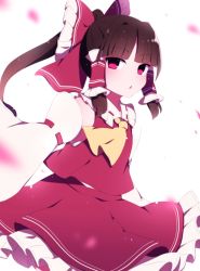 Rule 34 | 1girl, ascot, blunt bangs, blurry, blurry foreground, bow, brown hair, frilled skirt, frills, hair bow, hair tubes, hakurei reimu, highres, long sleeves, looking at viewer, medium hair, open mouth, ponytail, red bow, red eyes, red shirt, red skirt, ribbon-trimmed sleeves, ribbon trim, shirt, simple background, skirt, solo, standing, touhou, triangle mouth, white background, wide sleeves, yellow ascot, you (noanoamoemoe)