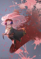 Rule 34 | 1girl, bead necklace, beads, black kimono, blood, blood splatter, breasts, cleavage, collarbone, erasorpepero, floral print, flower, from above, grey background, hair flower, hair ornament, hairband, half-closed eyes, highres, holding sickle, hololive, hololive english, japanese clothes, jewelry, kanzashi, kimono, large breasts, light smile, lips, lipstick, long hair, looking to the side, makeup, mori calliope, necklace, obi, off shoulder, off with their heads, red eyes, sash, sickle, solo, spider lily, twitter username, very long hair, virtual youtuber, walking