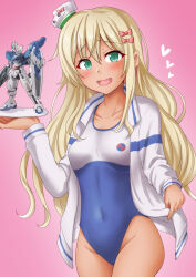 Rule 34 | 1girl, anti (untea9), blonde hair, blush, bow, competition swimsuit, gradient background, grecale (kancolle), green eyes, gundam, gundam aerial rebuild, gundam suisei no majo, gunpla, hair between eyes, hair bow, high school fleet, highres, jacket, kantai collection, long hair, long sleeves, looking at viewer, model kit, multicolored clothes, multicolored swimsuit, one-piece swimsuit, open mouth, pink background, pink bow, smile, solo, swimsuit, wavy hair