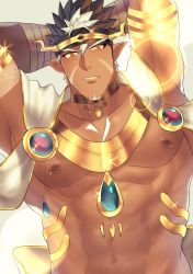 Rule 34 | 1boy, abs, bara, bare pectorals, brown hair, dark-skinned male, dark skin, facial hair, goatee, headband, highres, jewelry, kihane atsusane, large pectorals, long sideburns, male focus, manly, muscular, navel, necklace, nipples, pectorals, pointy ears, revealing clothes, short hair, sideburns, solo, spiked hair, tangaroa (housamo), tattoo, tokyo houkago summoners, topless male, upper body, white hair, yellow eyes