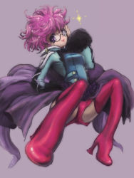 Rule 34 | 1girl, bike shorts, boots, breasts, dress, glasses, harold berselius, lipstick, makeup, pink hair, purple background, purple eyes, short hair, sparkle, tales of (series), tales of destiny 2, thigh boots, thighhighs