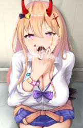 Rule 34 | 1girl, after fellatio, arm support, azur lane, between breasts, black gloves, blonde hair, blush, bow, bowtie, bracelet, breasts, breath, cardigan, cardigan around waist, cleavage, clothes around waist, collared shirt, commentary request, cowboy shot, cross, cross hair ornament, cum, cum in mouth, cum on hands, cumdrip, cunnilingus gesture, drop shadow, elbow gloves, facial, foreshortening, from above, gloves, hair between eyes, hair bow, hair ornament, half-closed eyes, heart, heart-shaped pupils, heavy breathing, highres, horns, jewelry, kumano (azur lane), large breasts, long hair, long sleeves, looking at viewer, nail polish, oni horns, open mouth, oral invitation, pink nails, pleated skirt, purple bow, purple bowtie, purple eyes, purple skirt, renetan, saliva, school uniform, sharp teeth, shirt, sidelocks, single elbow glove, sitting, skirt, sleeves rolled up, solo, symbol-shaped pupils, teeth, v over mouth, wall, white shirt
