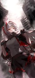 Rule 34 | 1girl, absurdres, ahoge, antennae, arknights, black gloves, black jacket, black pantyhose, black scarf, black skirt, breasts, building, charm (object), covered mouth, cowboy shot, demon horns, dutch angle, fingerless gloves, gloves, grey hair, grey shirt, grey sky, hands up, highres, horns, jacket, nail polish, open clothes, open jacket, outdoors, pantyhose, red nails, ruins, scarf, shirt, short sleeves, skirt, sky, skyscraper, small breasts, solo, w (arknights), y0ung, yellow eyes