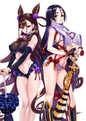 Rule 34 | 2girls, adapted costume, asymmetrical bangs, bikini, black bikini, black footwear, black gloves, black hair, boots, breasts, closed mouth, clothing cutout, cone hair bun, double bun, eyepatch bikini, fate/grand order, fate (series), finger to face, frilled bikini, frills, gloves, grin, hair between eyes, hair bun, hair over shoulder, hair up, half-closed eyes, half gloves, halterneck, heart cutout, highleg, highleg bikini, highres, holding, holding umbrella, holding weapon, knee boots, large breasts, long hair, looking at viewer, low-tied long hair, matsuryuu, minamoto no raikou (fate), minamoto no raikou (fate/grand order), minamoto no raikou (swimsuit lancer) (fate), multi-strapped bikini, multiple girls, murasaki shikibu (fate), murasaki shikibu (swimsuit rider) (fate), navel, parted bangs, purple bikini, purple eyes, purple hair, side-by-side, side-tie bikini bottom, simple background, smile, standing, swimsuit, tassel, two side up, umbrella, very long hair, weapon, white background
