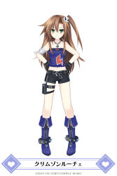 Rule 34 | bandaged arm, bandages, blue tube top, chain, chain necklace, game cg, hair intakes, hands on own hips, highres, if (neptunia), jewelry, lightning bolt print, necklace, neptune (series), short shorts, shorts, simple background, solo, strapless, tagme, thigh strap, tsunako, tube top, v-shaped eyebrows, white background