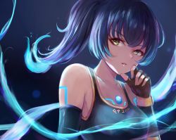 Rule 34 | 1girl, blue fire, blue hair, breasts, brown eyes, chest jewel, fiery hair, fingerless gloves, fire, gloves, glowing lines, leonmandala, open mouth, sena (xenoblade), shoulder strap, small breasts, solo, sports bra, xenoblade chronicles (series), xenoblade chronicles 3