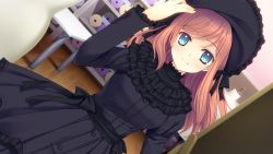 Rule 34 | 1girl, black dress, blue eyes, bluette nicolette planquette, blush, breasts, dress, dutch angle, eyebrows, game cg, happy, hat, indoors, long hair, long sleeves, looking at viewer, nishimata aoi, orange hair, otome riron to sonogo no shuuhen: belle &eacute;poque, smile, solo, standing, suzuhira hiro, table