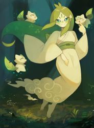 Rule 34 | 1girl, absurdres, barefoot, blue sclera, closed mouth, colored sclera, colored skin, facial mark, floating, green hair, green sash, hand up, highres, japanese clothes, kimono, long hair, long sleeves, looking at viewer, obi, original, plant hair, sash, signature, smile, solo, sui (suizilla), very long hair, white eyes, white kimono, white skin