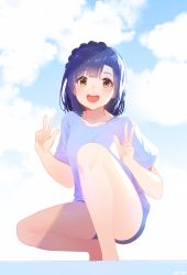 Rule 34 | 1girl, :d, arjent, blue hair, blue shirt, blue shorts, blush, breasts, cloud, cloudy sky, double w, highres, idolmaster, idolmaster million live!, looking at viewer, nanao yuriko, open mouth, shirt, shorts, sky, small breasts, smile, squatting, w, yellow eyes