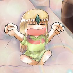Rule 34 | 1boy, bad id, bad pixiv id, blonde hair, chibi, clenched hands, closed eyes, commentary request, creatures (company), diamond (shape), emerald (pokemon), game freak, gem, green gemstone, green shirt, highres, indoors, long hair, male focus, md5 mismatch, nintendo, on bed, open mouth, pokemon, pokemon adventures, self-upload, shirt, short sleeves, sitting, solo, sonasan, tearing up, trembling, waking up, yawning