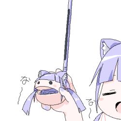 Rule 34 | 1girl, animal ears, blunt bangs, blush stickers, cat ears, closed eyes, hand up, holding, holding toy, lokulo-chan (lokulo no mawashimono), lokulo no mawashimono, long hair, low twintails, lowres, music, open mouth, original, otamatone, parody, portrait, purple hair, purple nails, simple background, singing, smile, solid circle eyes, solo, split crop, toy, translation request, twintails, white background