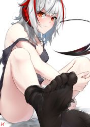Rule 34 | 1girl, absurdres, arknights, black pantyhose, black tank top, breasts, clothes pull, demon girl, demon horns, demon tail, feet, foot focus, highres, horns, huge filesize, large breasts, looking at viewer, panties, pantyhose, pantyhose pull, red eyes, rei (9086), silver hair, simple background, sitting, solo, strap slip, tail, tank top, underwear, w (arknights), white background, white panties