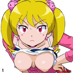 Rule 34 | 10s, 1girl, blonde hair, breasts, breasts out, digimon, digimon xros wars, digimon xros wars: toki wo kakeru shounen hunter-tachi, female focus, gomatarou (pixiv196136), hair ornament, hand on own hip, jewelry, large breasts, leaning forward, looking at viewer, lowres, nipples, serious, shiny skin, suzaki airu, twintails