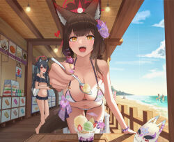 Rule 34 | 5girls, :d, animal ear fluff, animal ears, beach, bikini, black hair, blue archive, blue sky, breasts, brown hair, cat ears, cat girl, cloud, day, fangs, flower, food, fox ears, fox girl, fox tail, fruit, hair flower, hair ornament, halo, heart, highres, holding, holding spoon, ice cream scoop, incoming food, izuna (blue archive), izuna (swimsuit) (blue archive), large breasts, leaning forward, looking at viewer, mask, unworn mask, multiple girls, navel, nonomi (blue archive), nonomi (swimsuit) (blue archive), ocean, open mouth, parfait, pov, red eyes, serika (blue archive), serika (swimsuit) (blue archive), shiroko (blue archive), shiroko (swimsuit) (blue archive), shop, shugo 15, sign, sky, small breasts, smile, spoon, stomach, strawberry, swimsuit, table, tail, teeth, twintails, wakamo (blue archive), yellow eyes
