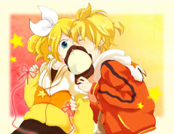 Rule 34 | 1boy, 1girl, brother and sister, casual, covered mouth, hat, hazuki (pacco), hetero, incest, jewelry, juvenile (vocaloid), kagamine len, kagamine rin, kiss, necklace, one eye covered, outside border, siblings, swept bangs, twincest, twins, vocaloid