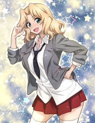 Rule 34 | 1girl, black necktie, blazer, blonde hair, blouse, blue eyes, collared shirt, commentary request, emblem, girls und panzer, grey jacket, hair intakes, hand on own hip, highres, jacket, kay (girls und panzer), long hair, long sleeves, miniskirt, multicolored background, nakahira guy, necktie, open clothes, open collar, open jacket, pleated skirt, red skirt, saunders school uniform, school uniform, shirt, skirt, solo, star (symbol), starry background, thighhighs, white shirt, white thighhighs