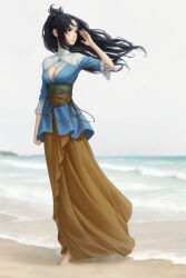 Rule 34 | 1girl, barefoot, beach, black hair, breasts, brown skirt, cleavage, cleavage cutout, clothing cutout, day, dress, fata morgana no yakata, feet, frilled sleeves, frills, full body, highres, long dress, long hair, long skirt, looking to the side, medium breasts, miura-n315, obi, outdoors, pauline asama, sash, skirt, sky, solo, standing, toes, white sky