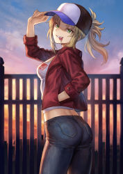 Rule 34 | 1girl, adjusting clothes, adjusting headwear, ass, baseball cap, blonde hair, breasts, candy, casual, commentary, dated, denim, fate/grand order, fate (series), food, from behind, green eyes, hand in pocket, hat, highres, jacket, lollipop, looking back, mashuu (neko no oyashiro), medium breasts, messy hair, midriff, mordred (fate), mordred (fate/apocrypha), multicolored sky, orange sky, outdoors, pants, pocket, ponytail, purple sky, red jacket, rooftop, sharp teeth, shirt, sidelocks, signature, sky, sleeve cuffs, sunset, teeth, tsurime, white shirt