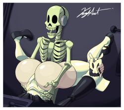 Rule 34 | 1girl, 1other, absurdres, ass, black nails, bloody marie (skullgirls), cellphone, grabbing, grabbing another&#039;s ass, grabbing from behind, grey background, headphones, highres, mary janes, phone, photo-referenced, shoes, skeleton, skullgirls, smartphone, spread legs, thighhighs, top-down bottom-up, zeusart