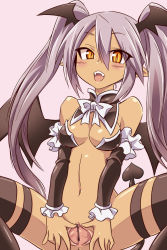 Rule 34 | 1girl, :d, arm warmers, bar censor, blush, bow, bowtie, censored, cleavage cutout, clothing cutout, dark-skinned female, dark skin, demon girl, demon tail, detached collar, fangs, frills, highres, kobayashi tetsuya, long hair, open mouth, pink background, presenting, purple hair, pussy, revealing clothes, simple background, slit pupils, smile, solo, spread legs, spread pussy, squatting, tail, twintails, white bow, white bowtie, yellow eyes