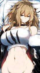 Rule 34 | 1girl, animal ears, arknights, black jacket, breasts, brown eyes, brown hair, collar, gin moku, groin, highres, jacket, large breasts, leather, leather jacket, lion ears, lion girl, midriff, navel, off shoulder, shirt rolled up, siege (arknights), solo, studded collar, tank top, upper body, white tank top