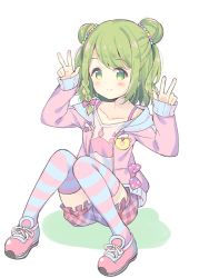 Rule 34 | 1girl, blush, bow, braid, camisole, closed mouth, collarbone, commentary request, double bun, double w, full body, green eyes, green hair, hair bow, hair bun, hands up, hood, hood down, hooded jacket, jacket, knees together feet apart, knees up, long sleeves, meito (maze), morinaka kazaki, nijisanji, open clothes, open jacket, paw print, pink bow, pink jacket, plaid, plaid shorts, polka dot, polka dot bow, red footwear, red shorts, shoes, short shorts, shorts, side braid, single braid, sitting, sleeves past wrists, smile, solo, striped clothes, striped thighhighs, thighhighs, virtual youtuber, w, white background, white camisole