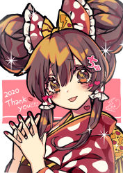 Rule 34 | alternate costume, alternate hairstyle, arms up, bow, brown eyes, brown hair, commentary, double bun, english text, frilled bow, frills, hair between eyes, hair bun, hair ornament, hair tubes, hakurei reimu, heart, heart in eye, highres, interlocked fingers, japanese clothes, kimono, kyouda suzuka, lightning bolt symbol, nail polish, obi, obiage, polka dot, red bow, red kimono, red nails, ribbon, sash, solo, sparkle, symbol in eye, thank you, touhou, white background