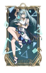 Rule 34 | 1girl, absurdres, aqua eyes, aqua hair, arm up, armlet, armpit cutout, bare legs, bare shoulders, bracelet, character name, clothing cutout, dress, faruzan (genshin impact), genshin impact, hair ornament, heshandepingtouge, high heels, highres, jewelry, long hair, looking at viewer, puffy short sleeves, puffy sleeves, short dress, short sleeves, shoulder cutout, solo, thighlet, thighs, twintails, very long hair, white dress, x hair ornament