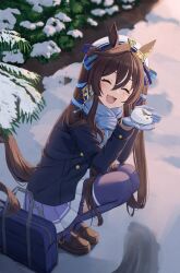 Rule 34 | 1girl, :3, animal ears, bag, blue coat, blue scarf, blush, brown footwear, brown hair, cidersour, closed eyes, coat, commentary request, ear covers, gloves, hair between eyes, hair ornament, highres, horse ears, horse girl, horse tail, long hair, multicolored hair, open mouth, outdoors, petticoat, pleated skirt, purple skirt, purple thighhighs, scarf, school bag, school uniform, single ear cover, skirt, smile, snow, snow rabbit, solo, squatting, streaked hair, tail, thighhighs, tracen school uniform, tracen winter coat, twintails, umamusume, very long hair, vivlos (umamusume), white hair, white headwear, winter clothes, winter coat