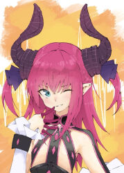 Rule 34 | 1girl, aqua eyes, blush, curled horns, dragon horns, elizabeth bathory (fate), elizabeth bathory (fate/extra ccc), fate/extra, fate/extra ccc, fate (series), finger cots, flat chest, horns, long hair, looking at viewer, one eye closed, parted lips, pink hair, pointy ears, revealing clothes, smile, solo, tenoo12, two-tone background, upper body
