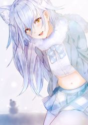 Rule 34 | 10s, 1girl, ancolatte (onikuanco), animal ear fluff, animal ears, arctic wolf (kemono friends), blue hair, bow, bowtie, center frills, coat, commentary request, fang, frills, fur collar, highres, kemono friends, light blue hair, long hair, long sleeves, midriff, multicolored hair, navel, open mouth, pantyhose, plaid, plaid skirt, pleated skirt, skirt, snowman, solo, white hair, wolf ears, yellow eyes