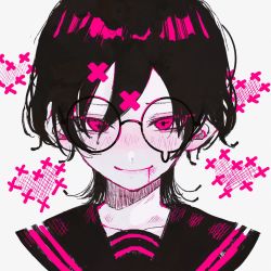 Rule 34 | + +, 1girl, black hair, blood, blush, bruise, closed mouth, commentary, glasses, hair between eyes, highres, injury, looking at viewer, original, pink eyes, pink theme, portrait, sailor collar, short hair, sidelocks, sion001250, smile, solo, symbol-only commentary, teardrop-framed glasses